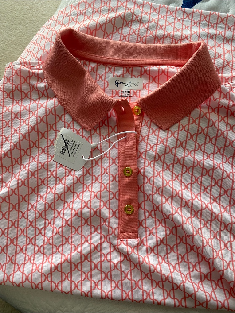 Greg Norman Collection Coral & White Geo Print Polo